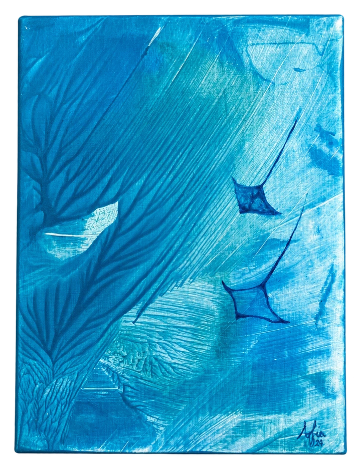 Rays glide through broad turquoise strokes on a tall blue canvas.