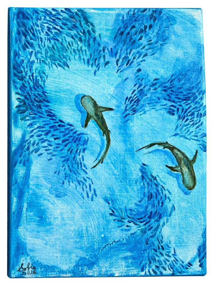 Dense schools of small fish circle two larger marine forms in layered blue water.