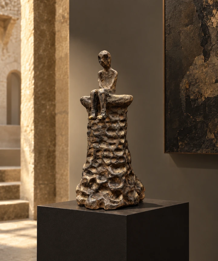 A small seated figure atop a textured stone-like column, against weathered architecture.