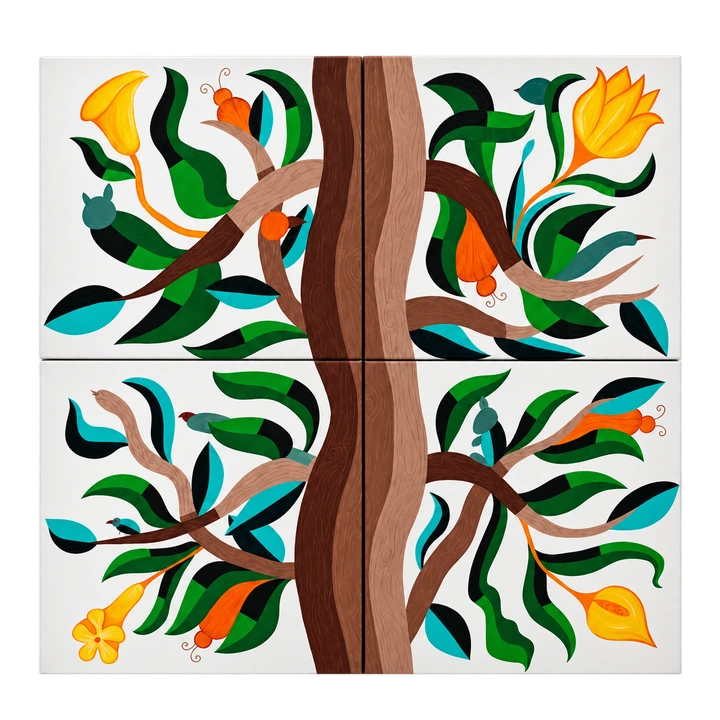 Interlacing branches, green leaves, flowers and small animals across four square canvases.