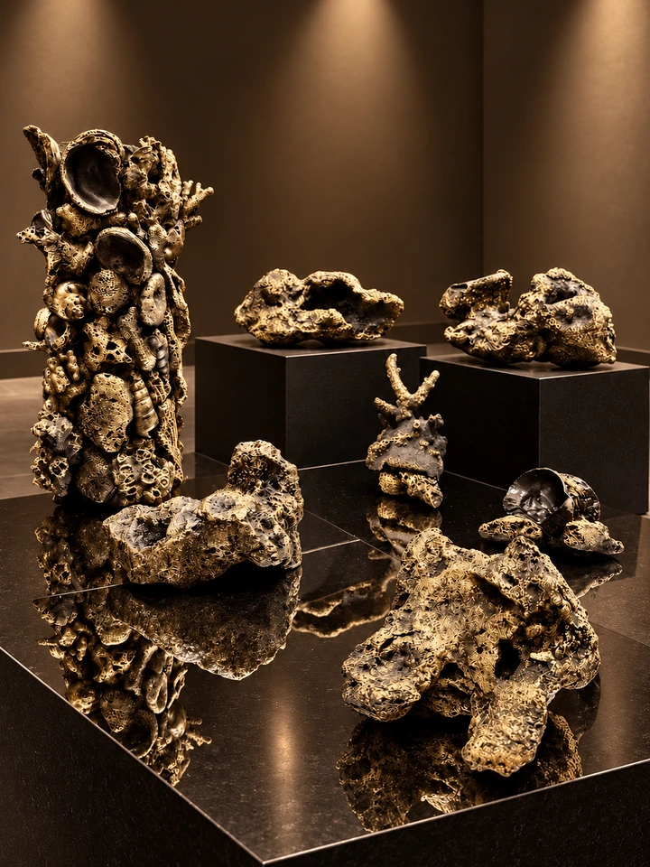 A grouping of textured gold and dark sculptural forms on black plinths, reflected on a glossy surface.