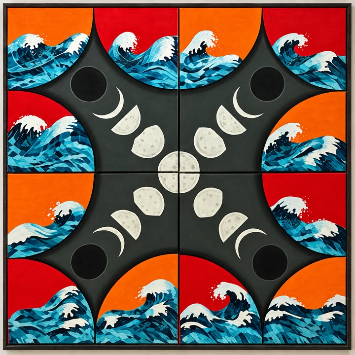 Four canvases of turquoise waves and orange-red skies encircle a sequence of moon phases.